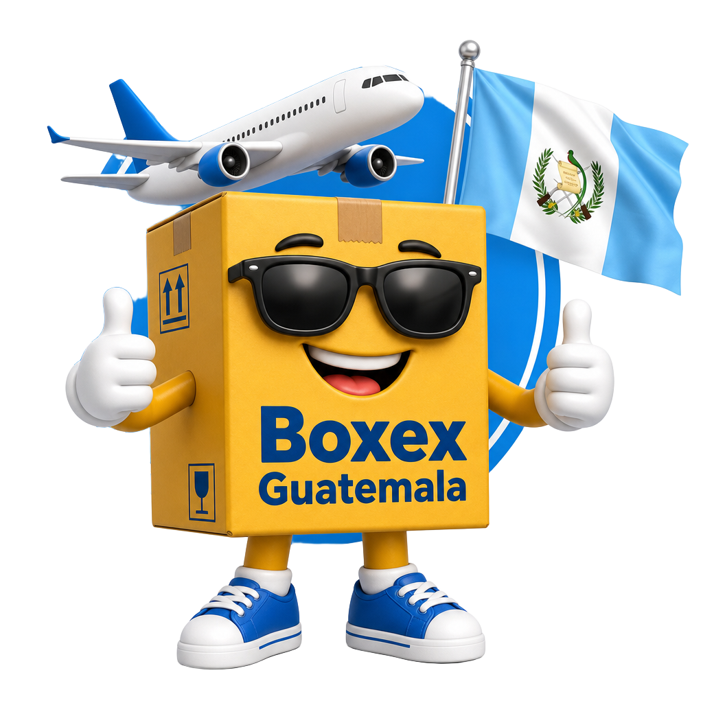 Mascota de Boxex Guatemala: caja de encomiendas con la bandera de Guatemala